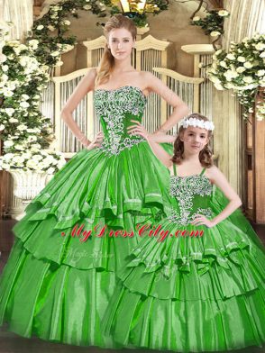 Captivating Green Organza Lace Up Sweet 16 Dresses Sleeveless Floor Length Beading and Ruffled Layers