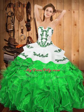 Green Ball Gowns Satin and Organza Strapless Sleeveless Embroidery and Ruffles Floor Length Lace Up Quince Ball Gowns