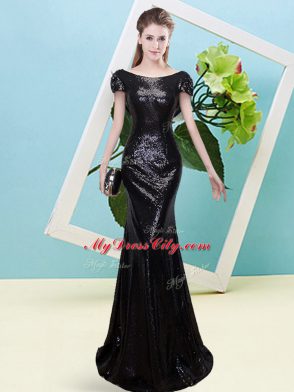 Black Cap Sleeves Sequined Zipper Prom Gown for Prom and Party