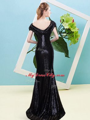 Black Cap Sleeves Sequined Zipper Prom Gown for Prom and Party