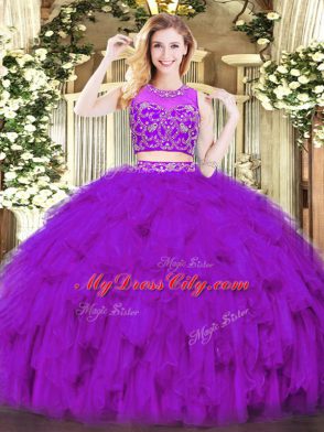 Extravagant Purple Zipper Scoop Beading and Ruffles Sweet 16 Dress Tulle Sleeveless