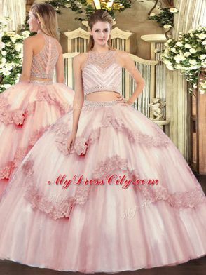 Baby Pink Sleeveless Tulle Zipper Quinceanera Gowns for Military Ball and Sweet 16 and Quinceanera