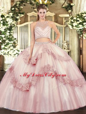 Baby Pink Sleeveless Tulle Zipper Quinceanera Gowns for Military Ball and Sweet 16 and Quinceanera