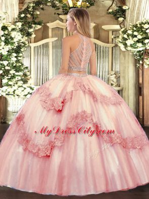 Baby Pink Sleeveless Tulle Zipper Quinceanera Gowns for Military Ball and Sweet 16 and Quinceanera