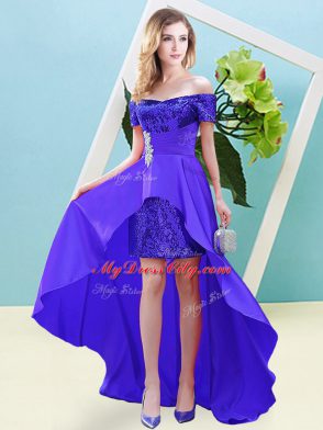 Purple Short Sleeves Beading High Low Evening Dress