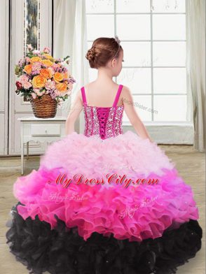 Organza Straps Sleeveless Lace Up Beading and Ruffles Kids Formal Wear in Multi-color