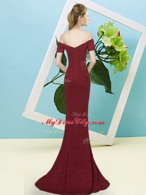 Romantic Dark Green Sequined Zipper Off The Shoulder Short Sleeves Prom Evening Gown Sweep Train Sequins