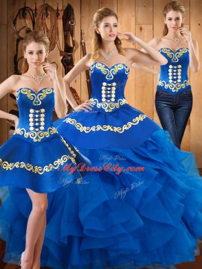 Blue Ball Gown Prom Dress Military Ball and Sweet 16 and Quinceanera with Embroidery and Ruffles Sweetheart Sleeveless Lace Up