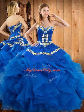 Blue Ball Gown Prom Dress Military Ball and Sweet 16 and Quinceanera with Embroidery and Ruffles Sweetheart Sleeveless Lace Up