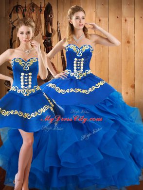 Blue Ball Gown Prom Dress Military Ball and Sweet 16 and Quinceanera with Embroidery and Ruffles Sweetheart Sleeveless Lace Up