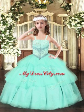 Cheap Straps Sleeveless Pageant Dresses Floor Length Beading and Ruffled Layers Apple Green Organza