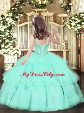 Cheap Straps Sleeveless Pageant Dresses Floor Length Beading and Ruffled Layers Apple Green Organza