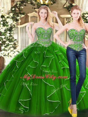 Green Sweetheart Neckline Beading and Ruffles Sweet 16 Dress Sleeveless Lace Up