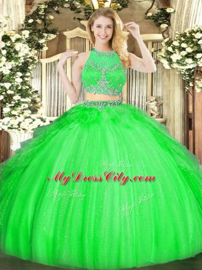 Unique Beading and Ruffles 15 Quinceanera Dress Green Zipper Sleeveless Floor Length