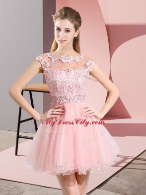 Best Sleeveless Tulle Knee Length Side Zipper Bridesmaid Dresses in Baby Pink with Beading and Lace