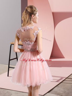 Best Sleeveless Tulle Knee Length Side Zipper Bridesmaid Dresses in Baby Pink with Beading and Lace