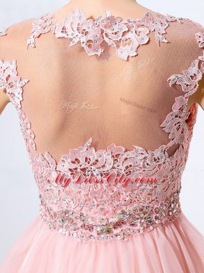 Best Sleeveless Tulle Knee Length Side Zipper Bridesmaid Dresses in Baby Pink with Beading and Lace