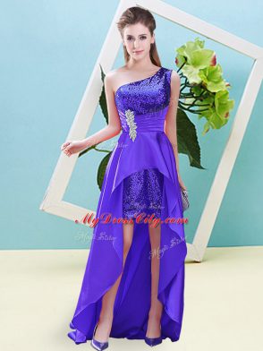 A-line Dress for Prom Purple One Shoulder Elastic Woven Satin and Sequined Sleeveless High Low Lace Up