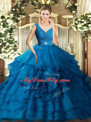 Custom Designed Ball Gowns Quince Ball Gowns Blue V-neck Organza Sleeveless Floor Length Backless