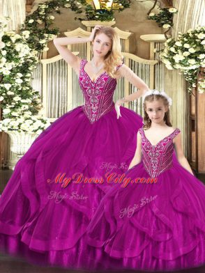 Fine Floor Length Ball Gowns Sleeveless Fuchsia Sweet 16 Dresses Lace Up