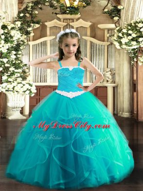 Enchanting Straps Sleeveless Lace Up Pageant Gowns Aqua Blue Tulle