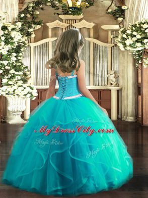 Enchanting Straps Sleeveless Lace Up Pageant Gowns Aqua Blue Tulle