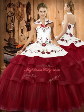 Wine Red Satin and Organza Lace Up Sweet 16 Dresses Sleeveless With Train Sweep Train Embroidery and Ruffled Layers