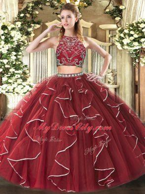 Discount Burgundy High-neck Neckline Beading and Ruffles Sweet 16 Dresses Sleeveless Zipper