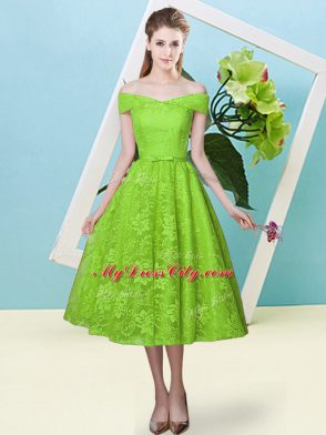 Dramatic Yellow Green Cap Sleeves Lace Lace Up Dama Dress for Prom and Party and Wedding Party