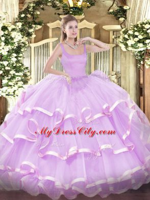 Dramatic Floor Length Zipper Sweet 16 Dresses Lilac for Military Ball and Sweet 16 and Quinceanera with Beading and Ruffled Layers