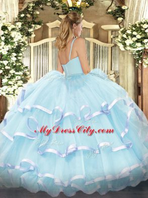 Dramatic Floor Length Zipper Sweet 16 Dresses Lilac for Military Ball and Sweet 16 and Quinceanera with Beading and Ruffled Layers