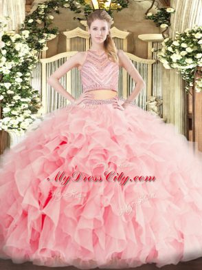 Shining Baby Pink Zipper Scoop Beading and Ruffles Quince Ball Gowns Tulle Sleeveless