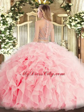 Shining Baby Pink Zipper Scoop Beading and Ruffles Quince Ball Gowns Tulle Sleeveless