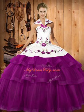 Eggplant Purple 15 Quinceanera Dress Organza Sweep Train Sleeveless Embroidery and Ruffled Layers