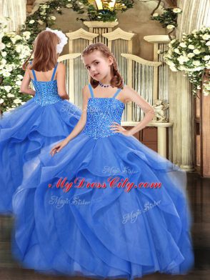 Blue Sleeveless Beading and Ruffles Floor Length Vestidos de Quinceanera