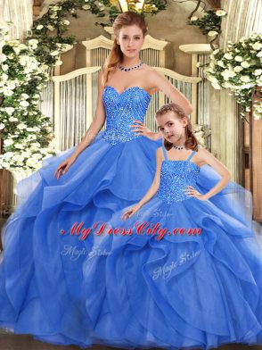 Blue Sleeveless Beading and Ruffles Floor Length Vestidos de Quinceanera