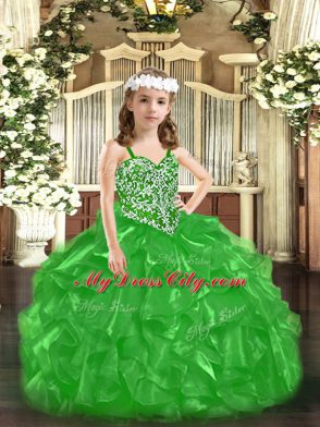 Green Lace Up Little Girls Pageant Dress Wholesale Beading and Ruffles Sleeveless Floor Length