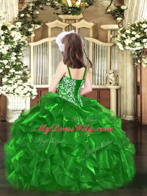 Green Lace Up Little Girls Pageant Dress Wholesale Beading and Ruffles Sleeveless Floor Length