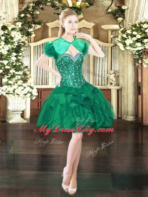 Dark Green Organza Lace Up Sweetheart Sleeveless Mini Length Homecoming Dress Beading and Ruffles