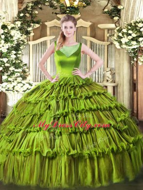 Flare Ball Gowns Ball Gown Prom Dress Olive Green Scoop Organza Sleeveless Floor Length Side Zipper