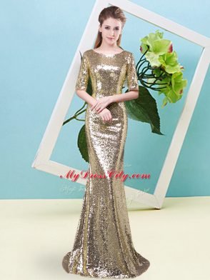 Pretty Sequined Scoop Half Sleeves Zipper Sequins Prom Evening Gown in Yellow