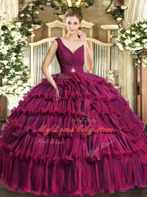 Suitable Beading and Ruffled Layers Vestidos de Quinceanera Fuchsia Backless Sleeveless Floor Length