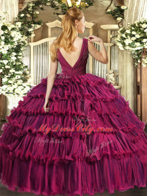 Suitable Beading and Ruffled Layers Vestidos de Quinceanera Fuchsia Backless Sleeveless Floor Length