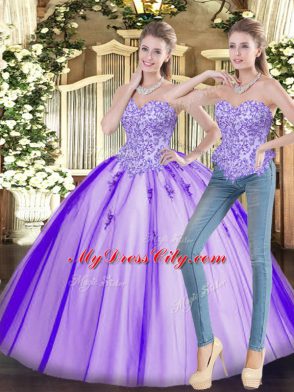 Sophisticated Lavender Ball Gowns Tulle Sweetheart Sleeveless Beading Floor Length Lace Up Quinceanera Dress