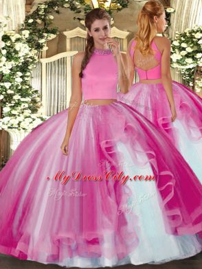 Latest Hot Pink Sleeveless Beading and Ruffles Floor Length Sweet 16 Dresses