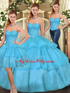 Most Popular Organza Sweetheart Sleeveless Lace Up Beading and Ruffled Layers Quinceanera Gowns in Aqua Blue