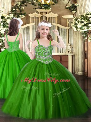 Nice Floor Length Green 15th Birthday Dress Tulle Sleeveless Beading