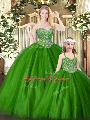 Nice Floor Length Green 15th Birthday Dress Tulle Sleeveless Beading