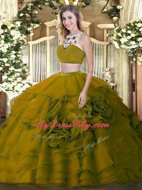 High-neck Sleeveless Quinceanera Dress Floor Length Beading and Ruffled Layers Olive Green Tulle