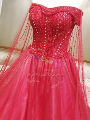 Stylish A-line Sleeveless Coral Red Wedding Dress Court Train Zipper